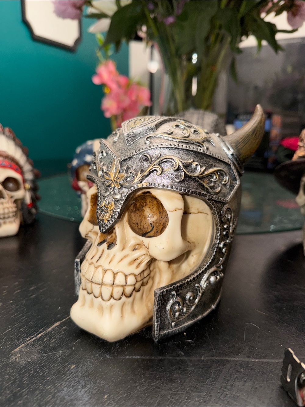 Decorative Viking Skull Accent - Cream & Silver